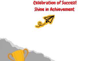 Cartoon students in green uniforms and bears celebrate under Shine in Achievement, with paper plane and trophy.